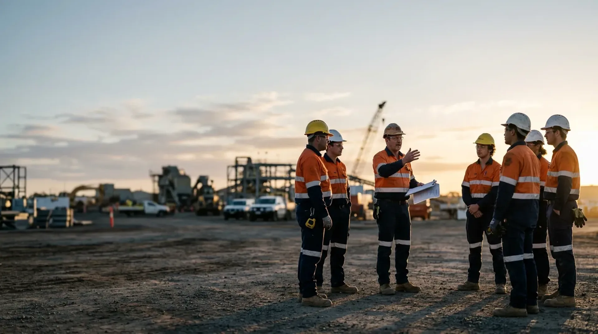 A crew briefing at an Australian worksite at dawn